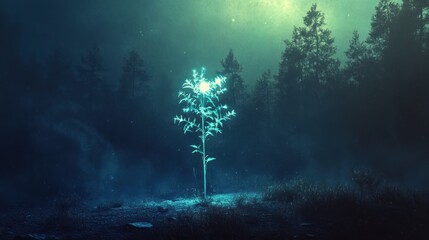 Poster - Glowing plant illuminates a dark and mysterious foggy forest