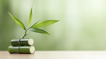 Poster - A small bamboo plant with a few green leaves on display