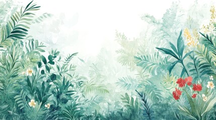 Poster - Artistic depiction showcases a lush tropical garden in watercolor style