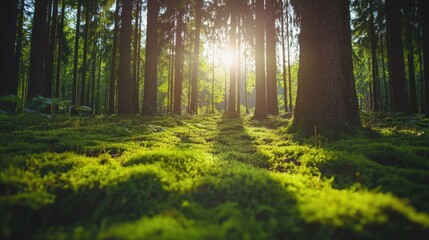 Poster - Sunlight filters through tall trees illuminating a mossy forest floor