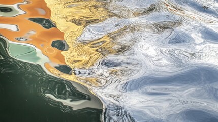 Poster - Distorted reflections of buildings are shown in the rippling water