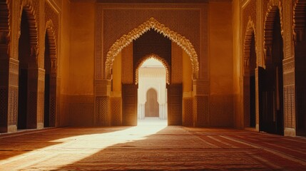 Aufkleber - Ornate arches define a sunlit corridor in a Moroccan building
