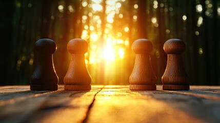 Poster - Chess pieces positioned on a wooden surface illuminated by sunlight