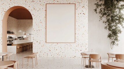 Poster - Bright and airy restaurant interior with arched doorway and blank frame