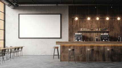 Poster - Empty white frame hangs on the wall in a coffee shop