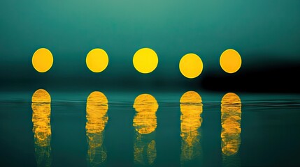 Poster - Five yellow circles reflected in rippling water surfaces seamlessly
