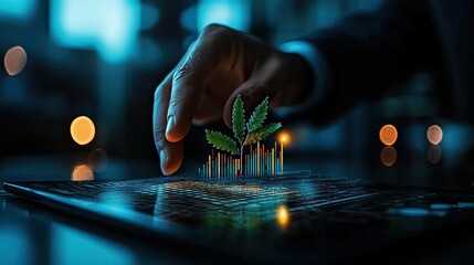 Poster - A human hand touches a plant above a chart display