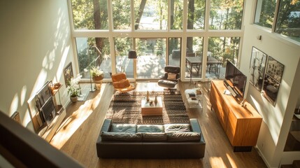 Poster - A modern living room features a large window and skylight