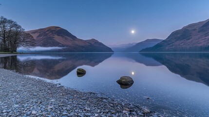 Aufkleber - Tranquil lake reflects mountains and moon under a twilight sky