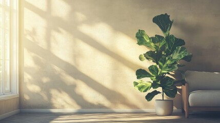 Poster - Interior with fig tree casting shadows in a sunlit room