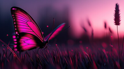 Poster - A beautiful butterfly with vivid pink wings in a field