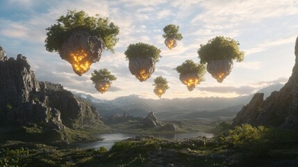 Aufkleber - Floating islands with trees hover above a scenic landscape