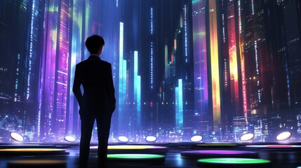 Poster - Man in suit stands before a futuristic digital cityscape