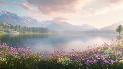 Poster - Tranquil lake reflects mountains under pastel dawn sky