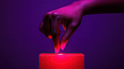 Poster - A dark hand gently touching a glowing red rectangular object