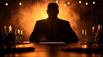Poster - A silhouette of a man in suit signing documents at table