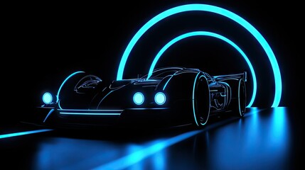 Aufkleber - A futuristic sports car is highlighted by glowing neon blue lights