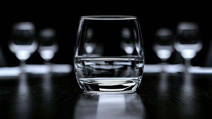 Poster - A close up of a water glass with other blurry glasses