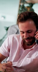 Leinwandbilder - Phone call, writing and talking with business man in office for IT sales consultant, SaaS advisor and client update. Communication, cloud solutions and chat with person in tech startup for feedback