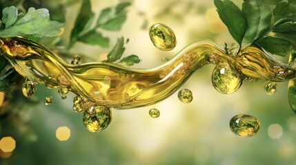 Poster - Golden liquid flows among leaves and floating spherical droplets