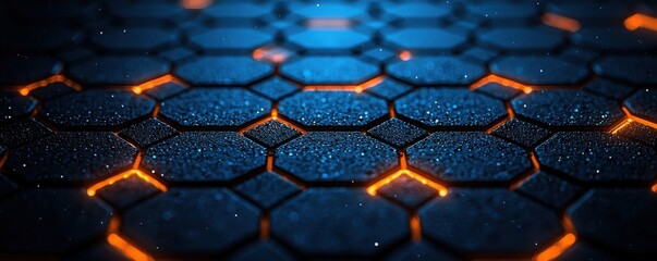 Poster - Close-up of hexagonal grid illuminated with orange and blue glowing lights