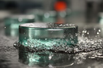 Poster - Water Droplets Splashing on a Circular Glass Surface creating beautiful patterns with reflected light and surrounding water