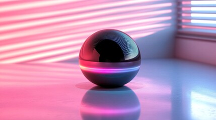 Wall Mural - illuminated sphere on table, pink & blue light, blinds background, tech concept