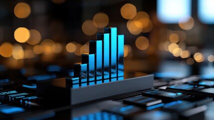 Poster - A blue bar graph is on a black surface. The bars are stacked on top of each other, and the graph appears to be a representation of data. The image has a futuristic and technological feel to it