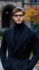 Poster - A man in a black suit and glasses stands in front of a building. He is wearing a black coat and a black sweater