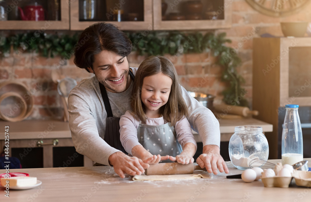 Little Helper. Happy father and his preschool daughter rolling up dough ...