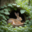 © Hector - A sleeping hare nestled in a nest of soft leaves and twigs under the shade of a deciduous tree, forest, woodland