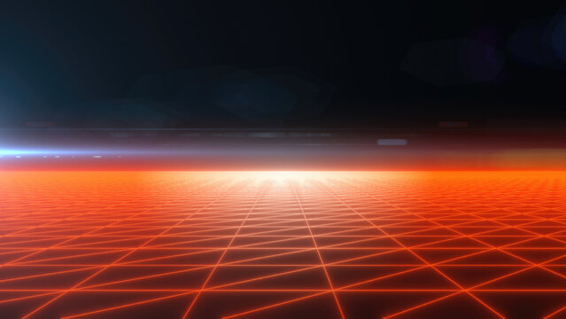 A futuristic digital grid landscape with a glowing red horizon and dark background, evoking retro sci-fi aesthetics