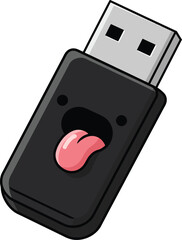 Poster - usb flash drive with playful cartoon face and tongue sticking out digital storage device vector illu