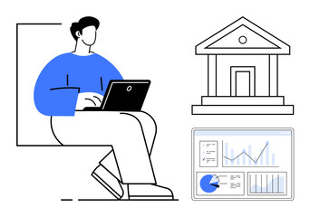 Poster - man working on laptop, bank building symbol, and screen with graphs. ideal for banking, finance, inv