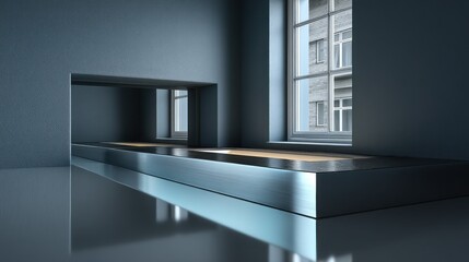 Poster - Gray interior room, metal platform, bright window light