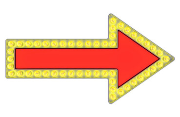 Poster - Blank red arrow sign board with retro light bulbs, 3D rendering. 3D rendering isolated on transparent background