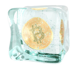 Poster - frozen bitcoin, concept. bitcoin symbol in ice cube, 3d rendering isolated on transparent background