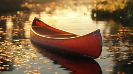 Poster - A small, bright red canoe sits peacefully on the surface of a still body of water