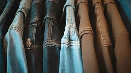 Poster - A bunch of jeans hanging from a rack, ready to be worn or sold