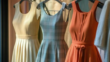 Aufkleber - A row of dresses hang on a metal rack, ready for display or sale