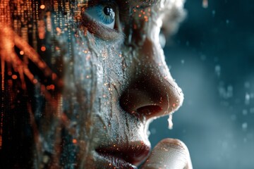 Poster - Profile of person?s face with stream of digital code, bright glowing dots, and visible blue eye in background