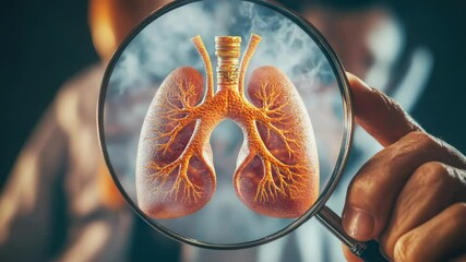 Poster - A person uses a magnifying glass to examine a lung, possibly for medical or scientific purposes