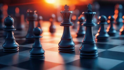 Poster - A group of chess pieces sit on a wooden chess board, ready for play