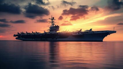 Poster - Large aircraft carrier sitting on calm waters, ready for takeoff