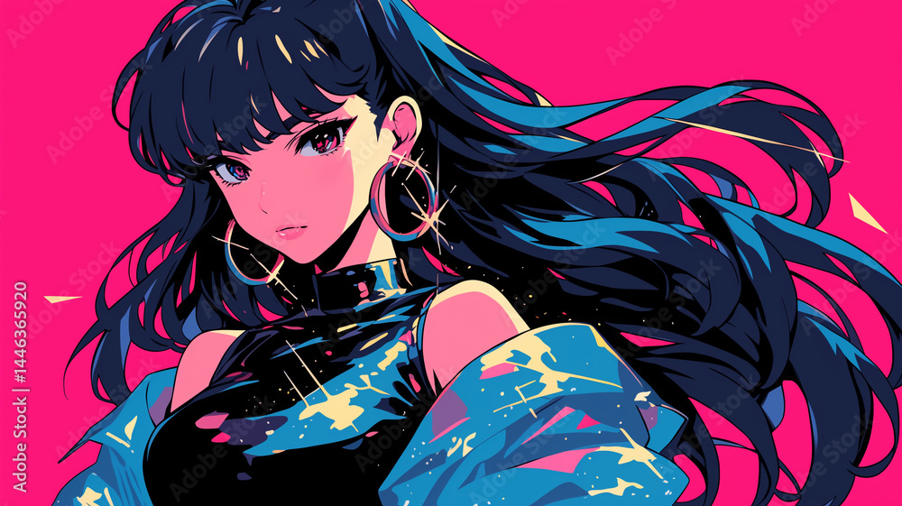 アニメスタイル 女性キャラクター イラスト 90年代アニメスタイルをベースにしたクールで自信に満ちた美少女の全身