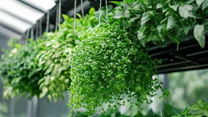 Poster - A decorative arrangement of green plants hanging from a ceiling
