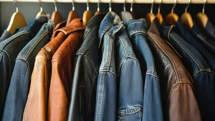 Poster - A clothing rack filled with jeans and jackets, perfect for a fashion store or personal closet
