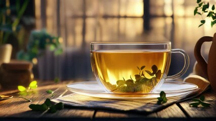 Poster - A single serving of green tea on a wooden table