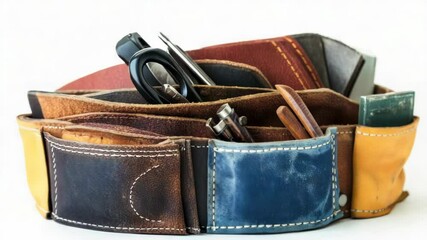 Poster - A close-up of a leather belt with various tools and accessories attached, including scissors and pens