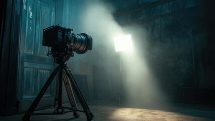 Poster - A camera set up on a tripod in a darkened room, ready to capture an image